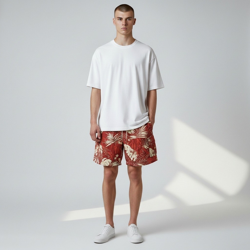 Caribbean Joe Swim Trunks Medium Red Tropical Floral Cargo Board Shorts 7in